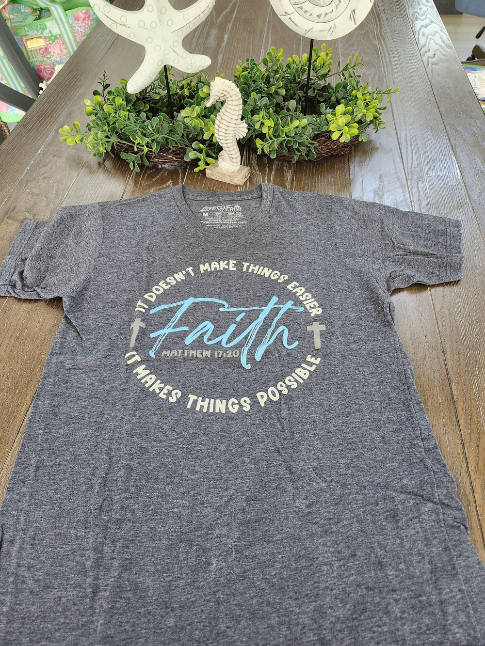 Women's Faith Graphic Tee - Heather Gray with Blue Script